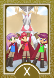Size: 1200x1728 | Tagged: safe, artist:howxu, apple bloom, scootaloo, sweetie belle, human, g4, adorabloom, cape, clothes, commission, cute, cutealoo, cutie mark crusaders, diasweetes, gloves, humanized, looking up, musketeer, rapier, smiling, sword, tarot, tarot card, the three musketeers, trio, weapon, wheel of fortune