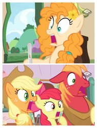Size: 3106x4096 | Tagged: safe, edit, edited screencap, screencap, apple bloom, applejack, big macintosh, pear butter, earth pony, pony, g4, the perfect pear, high res, pregnancy test, science in the comments, this will end in timeline distortion, time paradox