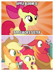 Size: 3106x4096 | Tagged: safe, edit, edited screencap, screencap, apple bloom, applejack, big macintosh, earth pony, pony, g4, the perfect pear, captain obvious, citation needed, fake, high res, jaw drop, no shit sherlock, op is a slowpoke, open mouth, overreaction, screaming, shocked, what a twist