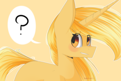 Size: 1280x853 | Tagged: safe, artist:cupofvanillatea, oc, oc only, oc:rous, pony, unicorn, female, mare, question mark, simple background, solo