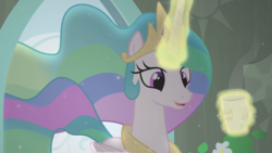 Size: 2560x1440 | Tagged: safe, artist:brutalweather studio, princess celestia, alicorn, pony, a little incident (animation), cute, cutelestia, female, glowing horn, horn, i can't believe it's not hasbro studios, magic, mug, show accurate, solo, youtube link