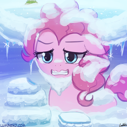 Size: 750x750 | Tagged: safe, artist:lumineko, pinkie pie, earth pony, pony, g4, not asking for trouble, cold, female, scene interpretation, snow, snow cake, snow sandwich, solo, the shining