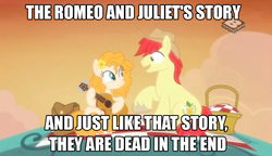 Size: 924x533 | Tagged: safe, edit, edited screencap, screencap, bright mac, pear butter, earth pony, pony, g4, the perfect pear, duo, female, image macro, male, mare, meme, romeo and juliet, ship:brightbutter, shipping, stallion, straight