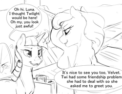 Size: 3300x2550 | Tagged: safe, artist:silfoe, princess luna, twilight velvet, pony, royal sketchbook, g4, bags under eyes, dialogue, grayscale, high res, monochrome