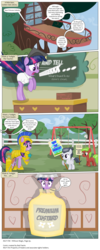 Size: 3300x8273 | Tagged: safe, artist:perfectblue97, red june, rumble, twilight sparkle, earth pony, pegasus, pony, comic:without magic, g4, absurd resolution, apple family member, bipedal, blank flank, comic, custard, earth pony twilight, eek, food, golden oaks library, playground, poster, scared, school, shocked, sign, sugarcube corner