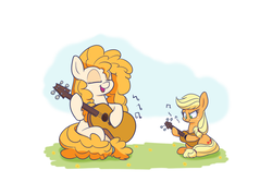 Size: 1800x1200 | Tagged: safe, artist:heir-of-rick, applejack, pear butter, earth pony, pony, g4, the perfect pear, female, guitar, mother and daughter, music, singing, younger