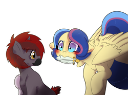 Size: 2559x1893 | Tagged: safe, artist:marukouhai, oc, oc only, oc:honeydew feather, oc:mekanikoak, pegasus, pony, amputee, blushing, colt, feather, female, male, mare, mouth hold, oc x oc, offspring, offspring shipping, parent:apple bloom, parent:flash sentry, parent:rumble, parent:twilight sparkle, parents:flashlight, parents:rumbloom, prosthetic limb, prosthetics, shipping, simple background, white background