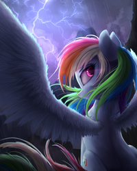 Size: 800x1000 | Tagged: safe, artist:vanillaghosties, rainbow dash, pegasus, pony, g4, backwards cutie mark, female, lightning, looking at you, looking back, mare, multicolored hair, rain, solo, spread wings, wings