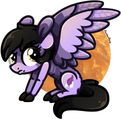 Size: 890x880 | Tagged: safe, artist:amberpone, oc, oc only, pegasus, pony, adult, angry, big ears, black, brown, brown eyes, commission, cutie mark, digital, digital art, expression, female, full body, grumpy, hair, hooves, looking up, mane, mare, orange background, original style, paint tool sai, painttoolsai, purple, shading, short hair, short mane, simple background, sitting, tail, transparent background, wings
