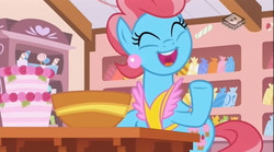 Size: 829x462 | Tagged: safe, screencap, cup cake, earth pony, pony, g4, my little pony: friendship is magic, the perfect pear, boomerang (tv channel), bowl, cake, cute, cute cake, eyes closed, female, food, happy, mare, open mouth, smiling, solo, sugarcube corner