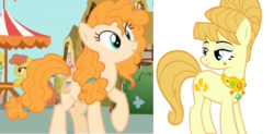 Size: 1258x618 | Tagged: safe, aunt orange, cinnamon pear, cornice pear, pear butter, earth pony, pony, g4, the perfect pear, comparison, female, pear family member, shiny concorde