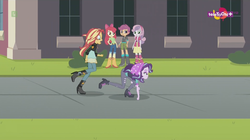 Size: 1136x638 | Tagged: safe, screencap, apple bloom, scootaloo, starlight glimmer, sunset shimmer, sweetie belle, equestria girls, equestria girls specials, g4, my little pony equestria girls: mirror magic, awkward, awkward moment, canterlot high, confused, cutie mark crusaders, humans doing horse things, open mouth, raised leg, teletoon