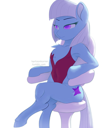 Size: 1010x1152 | Tagged: safe, artist:grissaecrim, photo finish, earth pony, pony, semi-anthro, g4, armpits, clothes, colored pupils, female, high-cut clothing, mare, missing accessory, one-piece swimsuit, simple background, sitting, solo, swimsuit, white background