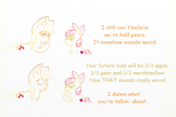 Size: 1200x800 | Tagged: safe, artist:eulicious, apple bloom, applejack, g4, the perfect pear, blatant lies, blushing, comic, implied lesbian, implied rarijack, implied shipping, liarjack, shrunken pupils, simple background, text, white background