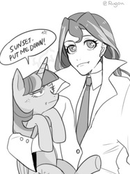 Size: 500x667 | Tagged: safe, artist:extraluna, sunset shimmer, twilight sparkle, alicorn, human, pony, vampire, g4, alternate clothes, angry, annoyed, clothes, coat, cross-popping veins, cute, dialogue, fangs, female, grayscale, holding a pony, human and pony, humanized, lesbian, looking at you, monochrome, ship:sunsetsparkle, shipping, simple background, speech bubble, twiabetes, twilight sparkle (alicorn)