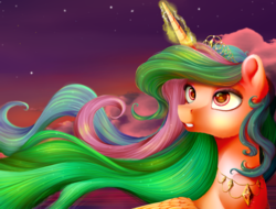 Size: 1600x1215 | Tagged: dead source, safe, artist:vird-gi, princess celestia, pony, g4, dusk, eye reflection, female, glowing horn, horn, jewelry, magic, necklace, reflection, solo, sunset, twilight (astronomy)