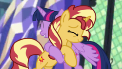 Size: 1555x874 | Tagged: safe, artist:jamesawilliams1996, sunset shimmer, twilight sparkle, alicorn, equestria girls, equestria girls specials, g4, mirror magic, cute, eyes closed, hug, shimmerbetes, smiling, twiabetes, twilight sparkle (alicorn)