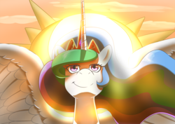 Size: 1697x1200 | Tagged: safe, artist:z0rgy, princess celestia, alicorn, pony, g4, backlighting, bust, female, looking up, mare, smiling, solo, sun