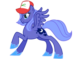 Size: 640x480 | Tagged: safe, artist:srsishere, princess luna, alicorn, pony, g4, ash ketchum, crossover, female, hat, mare, pokémon, pokémon trainer, s1 luna, simple background, solo, transparent background