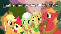 Size: 1280x720 | Tagged: safe, edit, edited screencap, screencap, apple bloom, applejack, big macintosh, grand pear, granny smith, earth pony, pony, g4, the perfect pear