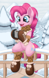 Size: 2180x3440 | Tagged: safe, artist:ohemo, pinkie pie, earth pony, pony, g4, blue eyes, boots, bridge, brown scarf, chocolate, clothes, cute, digital art, female, food, forest, high res, hoof boots, hot chocolate, looking at something, mare, mountain, open mouth, pink coat, pink hair, pink mane, pink tail, plaid, plaid scarf, plaid socks, pom pom (clothes), river, scarf, shoes, sitting, snow, socks, solo, tree, winter