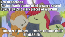 Size: 685x401 | Tagged: safe, edit, edited screencap, screencap, bright mac, pear butter, earth pony, pony, g4, the perfect pear, deepest lore, female, headcanon, male, marriage, pagan, paganism, religion, ship:brightbutter, shipping, straight, tradition