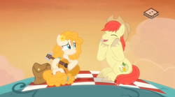 Size: 829x462 | Tagged: safe, screencap, bright mac, pear butter, earth pony, pony, g4, the perfect pear, cowboy hat, duo, female, guitar, hat, male, mare, picnic, ship:brightbutter, shipping, stallion, stetson, straight