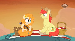 Size: 829x462 | Tagged: safe, screencap, bright mac, pear butter, earth pony, pony, g4, the perfect pear, blushing, cowboy hat, female, guitar, hat, male, mare, picnic, ship:brightbutter, shipping, stallion, stetson, straight
