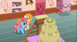 Size: 829x462 | Tagged: safe, screencap, cup cake, pear butter, earth pony, pony, g4, the perfect pear, cake, chiffon swirl, duo, female, food, ladder, mare, pear cake