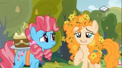 Size: 829x462 | Tagged: safe, screencap, cup cake, pear butter, earth pony, pony, g4, the perfect pear, cake, chiffon swirl, duo, female, flower, flower in hair, food, mare, pear cake, pear tree, swoon