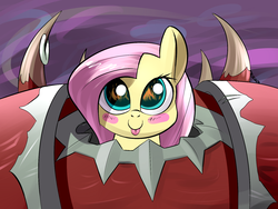 Size: 1600x1200 | Tagged: safe, artist:underpable, fluttershy, pony, discordant harmony, g4, :p, blush sticker, blushing, chaos, chaos space marine, crossover, cute, female, heresy, khorne, khorne berzerker, looking at you, mare, shyabetes, smiling, solo, tongue out, warhammer (game), warhammer 40k