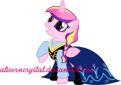 Size: 3222x2270 | Tagged: safe, artist:alinadreams00, princess cadance, alicorn, pony, g4, anna, anna (frozen), clothes, cosplay, costume, crossover, disney, female, frozen (movie), high res, looking up, simple background, smiling, solo, transparent background, vector
