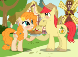 Size: 7835x5743 | Tagged: safe, artist:asika-aida, bright mac, pear butter, earth pony, pony, g4, the perfect pear, absurd resolution, applejack's parents, blushing, cowboy hat, female, food, hat, husband and wife, male, mare, pie, ponyville, ship:brightbutter, shipping, smiling, stallion, stetson, straight, windmill