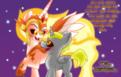 Size: 1130x723 | Tagged: safe, artist:snakeythingy, daybreaker, oc, oc:quentin, alicorn, pony, a royal problem, g4, alicorn wings, blushing, canon x oc, dialogue, dream, female, femdom, imzebrony, looking at each other, mind control, mistress, shading, story included