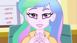 Size: 1100x618 | Tagged: safe, screencap, princess celestia, principal celestia, equestria girls, g4, my little pony equestria girls: rainbow rocks, celestia's office, female, gendo pose, solo