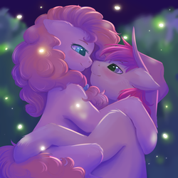 Size: 1024x1024 | Tagged: safe, artist:peachmayflower, bright mac, pear butter, earth pony, pony, g4, the perfect pear, couple, cute, eye contact, female, looking at each other, love, male, mare, night, previous generation, romantic, ship:brightbutter, shipping, stallion, straight
