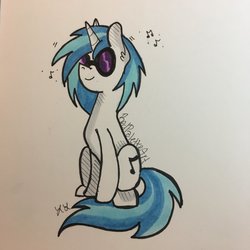 Size: 1024x1024 | Tagged: safe, artist:redpalette, dj pon-3, vinyl scratch, pony, unicorn, g4, female, mare, simple background, sitting, solo, traditional art, white background