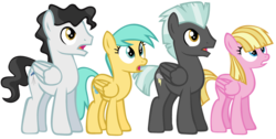 Size: 900x455 | Tagged: safe, artist:missytheunicorn, meadow flower, mercury, starry eyes (character), sunshower raindrops, thunderlane, pony, g4, female, male, mare, open mouth, simple background, stallion, transparent background, vector