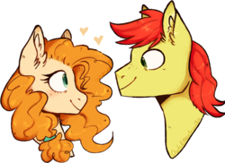 Size: 1281x933 | Tagged: safe, artist:owlsandmantequilla, bright mac, pear butter, earth pony, pony, g4, the perfect pear, bust, ear fluff, female, heart, male, portrait, ship:brightbutter, shipping, simple background, straight, transparent background