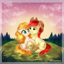 Size: 900x900 | Tagged: safe, artist:mimijuliane, bright mac, pear butter, earth pony, pony, g4, the perfect pear, eye contact, female, holding, holding each other, looking at each other, male, mare, outdoors, ship:brightbutter, shipping, sitting, smiling, stallion, straight