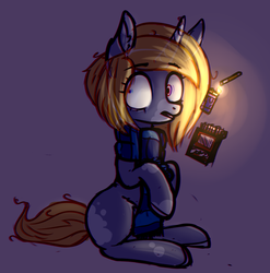Size: 1347x1362 | Tagged: safe, artist:astralblues, oc, oc only, oc:opium, pony, unicorn, cigarette, clothes, female, lighter, mare, scarf, sitting, solo