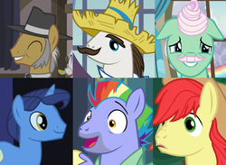 Size: 1240x908 | Tagged: safe, bow hothoof, bright mac, gentle breeze, hondo flanks, igneous rock pie, night light, earth pony, pegasus, pony, unicorn, flutter brutter, g4, parental glideance, the perfect pear, dad six, eyes closed, male, smiling, stallion
