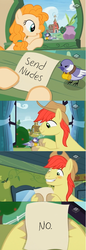 Size: 1300x3772 | Tagged: safe, artist:ceejayponi, edit, edited screencap, screencap, bright mac, pear butter, earth pony, pony, g4, the perfect pear, blushing, bright mac's letter, chickadee (bird), creepy, female, lewd, male, meme, screencap comic, send nudes, ship:brightbutter, shipping, smiling, straight, we don't normally wear clothes