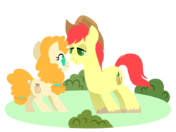 Size: 2020x1520 | Tagged: safe, artist:chroniqlo, bright mac, pear butter, earth pony, pony, g4, the perfect pear, applejack's parents, chibi, cute, eye contact, female, lineless, looking at each other, male, pearabetes, ship:brightbutter, shipping, simple background, straight, transparent background