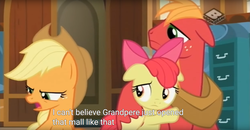 Size: 1860x970 | Tagged: safe, screencap, apple bloom, applejack, big macintosh, earth pony, pony, g4, the perfect pear, floppy ears, meme, youtube caption