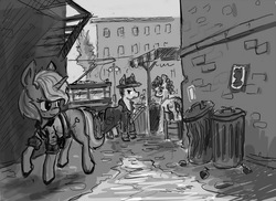 Size: 1024x746 | Tagged: safe, artist:agm, oc, oc only, earth pony, pony, unicorn, alley, city, clothes, grayscale, hat, monochrome, random pony, tram, trash can