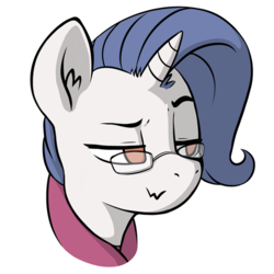 Size: 512x512 | Tagged: safe, artist:dimfann, derpibooru exclusive, oc, oc only, oc:yodi, pony, unicorn, :3, bust, clothes, ear fluff, glasses, lidded eyes, male, not rarity, raised eyebrow, scarf, simple background, smiling, solo, stallion, transparent background, wavy mouth