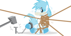 Size: 900x464 | Tagged: safe, artist:sifuleon, oc, oc only, oc:silver wind, pony, bondage, chains, cloth gag, gag, hammer, peg, rope, rope bondage, shackle, simple background, transparent background, watermark