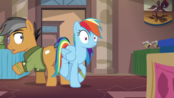 Size: 1280x720 | Tagged: safe, screencap, quibble pants, rainbow dash, pony, g4, stranger than fan fiction, butt bump, butt to butt, butt touch