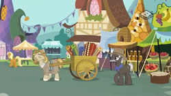 Size: 1024x576 | Tagged: safe, screencap, apple cobbler, burnt oak, florina tart, jeff letrotski, earth pony, pony, g4, the perfect pear, apple family member, cart, female, joke shop, male, mare, market, movie reference, ponyville, rug, stallion, the big lebowski, the dude, vendor stall